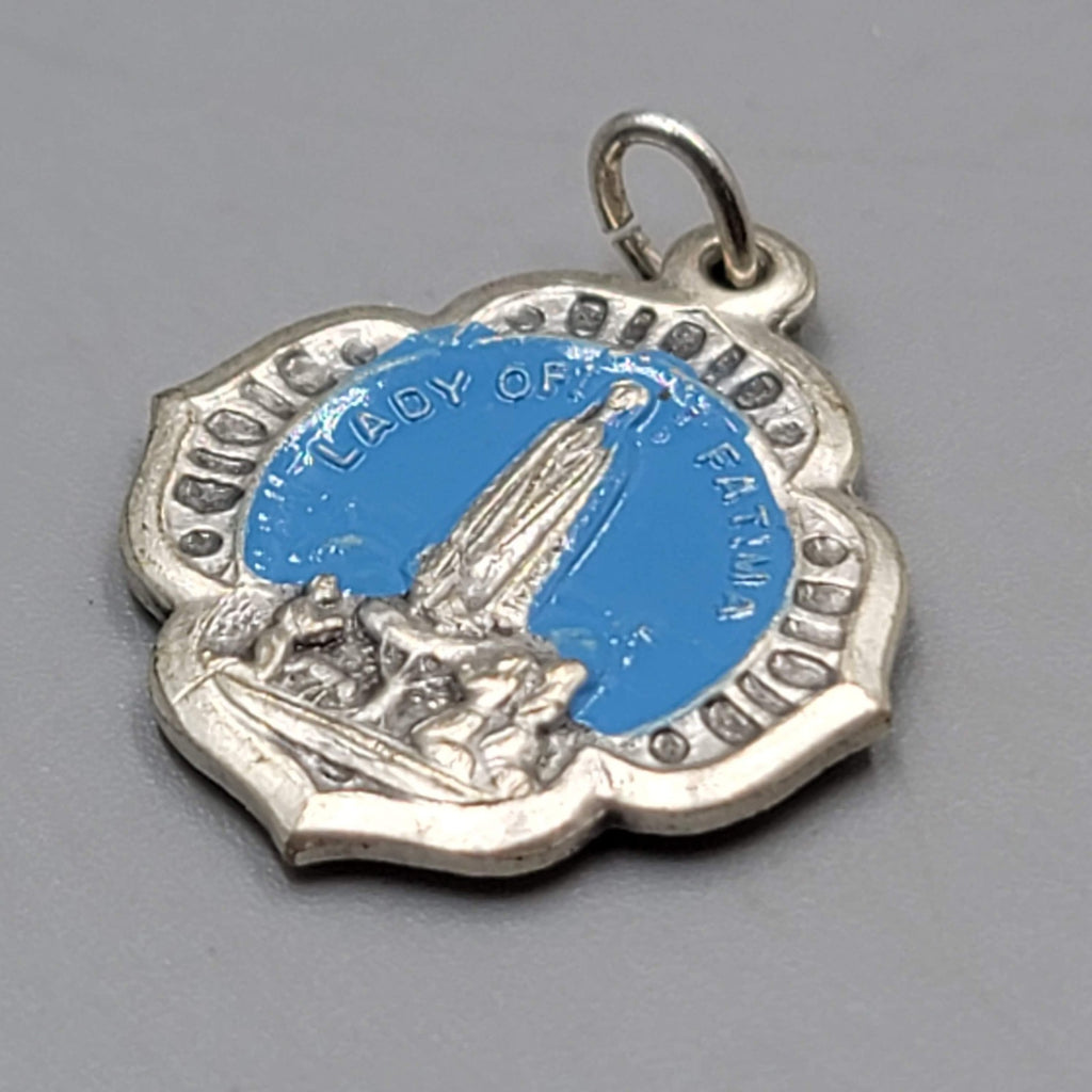 Vintage Catholic Miraculous Mary Blue Enamel Religious Medal Italy 7/8"