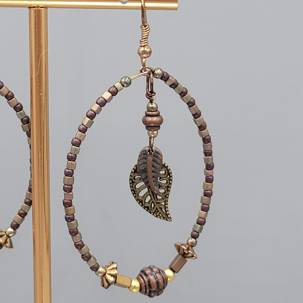 Boho Beaded Hoops Pierced Earrings Copper toen Leaf Dangle 2"