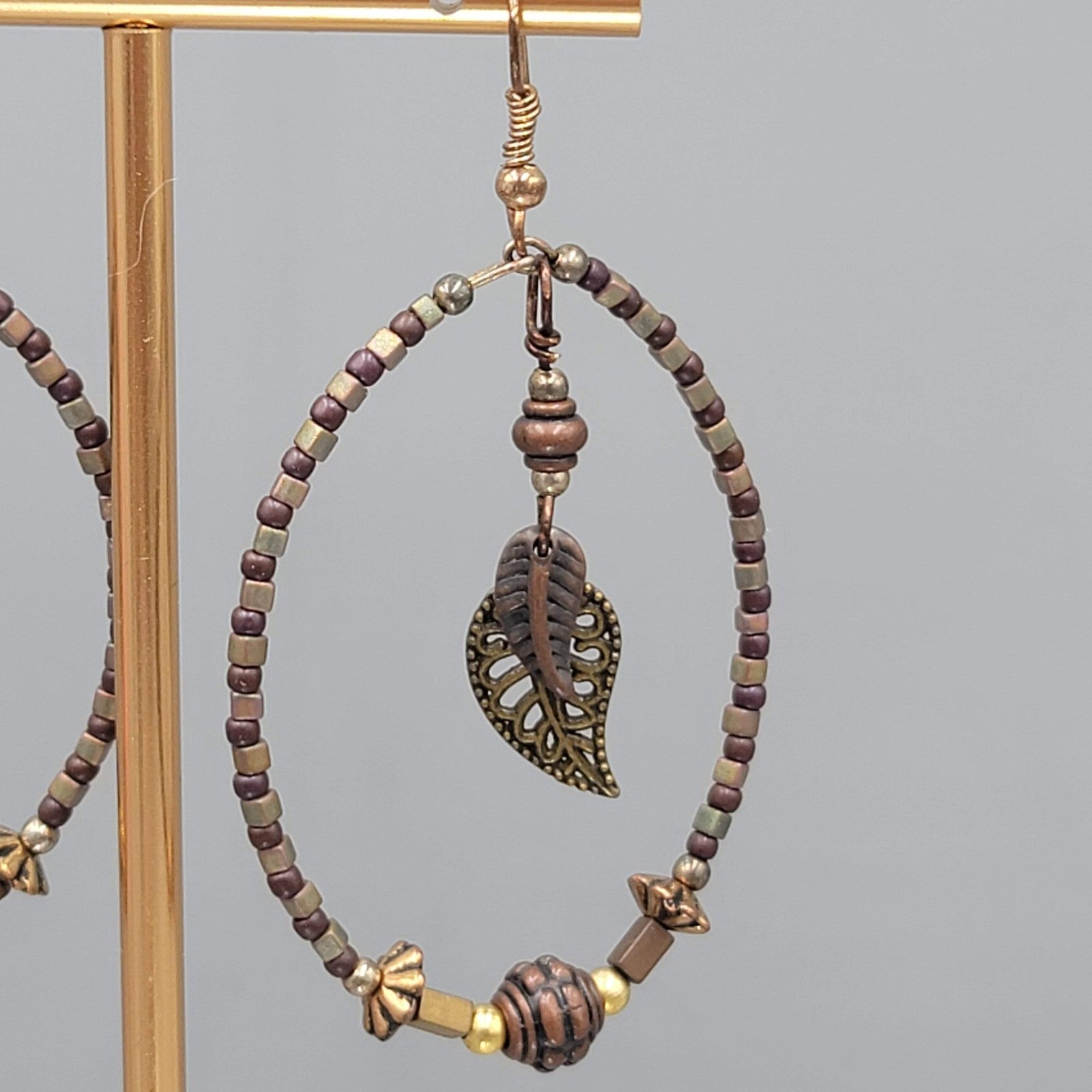Boho Beaded Hoops Pierced Earrings Copper toen Leaf Dangle 2"