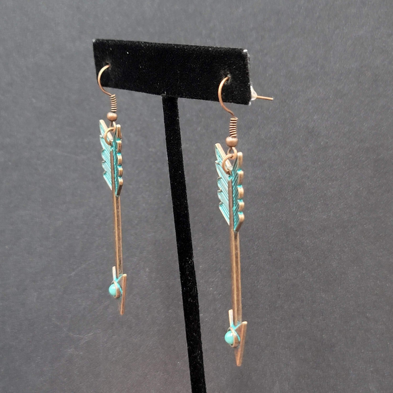 New Boho Pierced Earrings Copper tone Green Enamel Arrow Dangle 2.25"