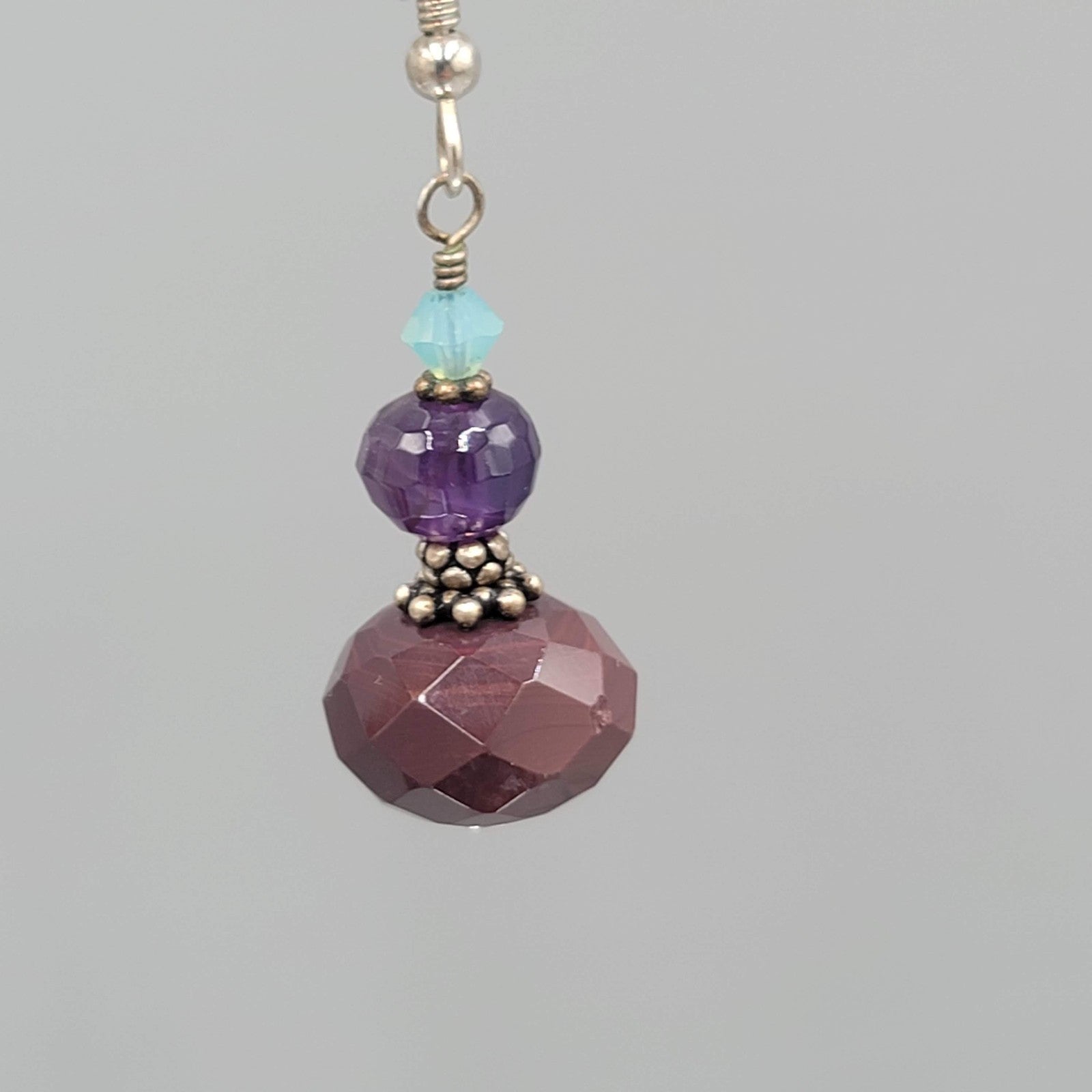 Crystal Amethyst Agate Bead Pierced Earrings Silver tone Dangle 1 in