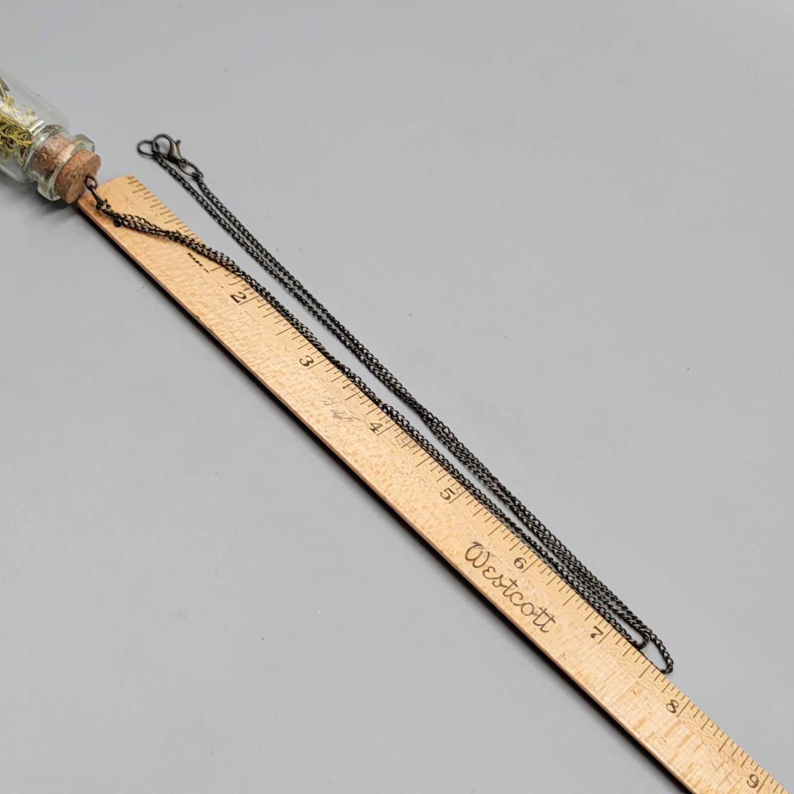Artisan Glass Bottle Moss Arrows Pendant Necklace Long Bronze tone Chain 32 in