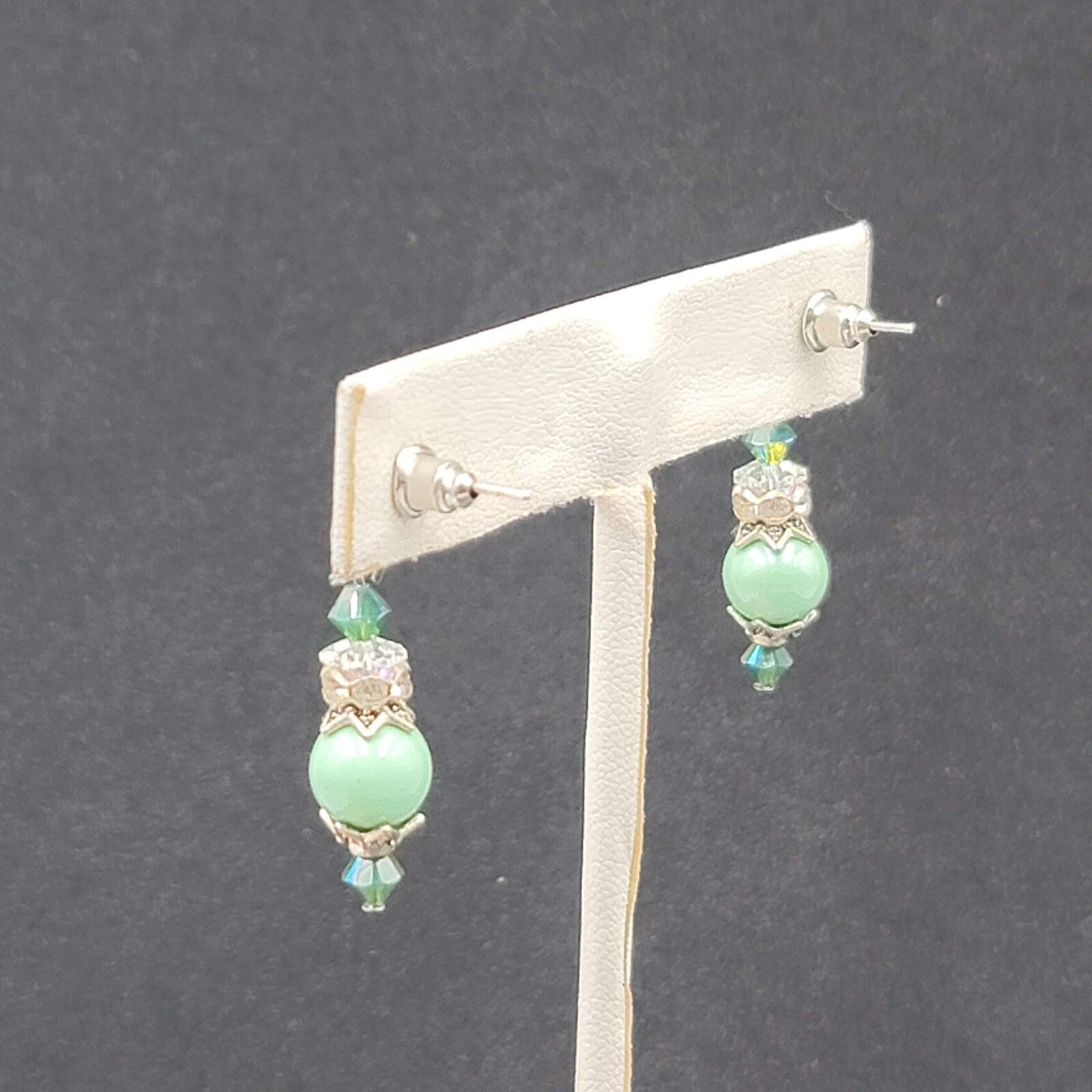 Pierced Earrings Silver tone Green Capped Beaded Dangle 1"