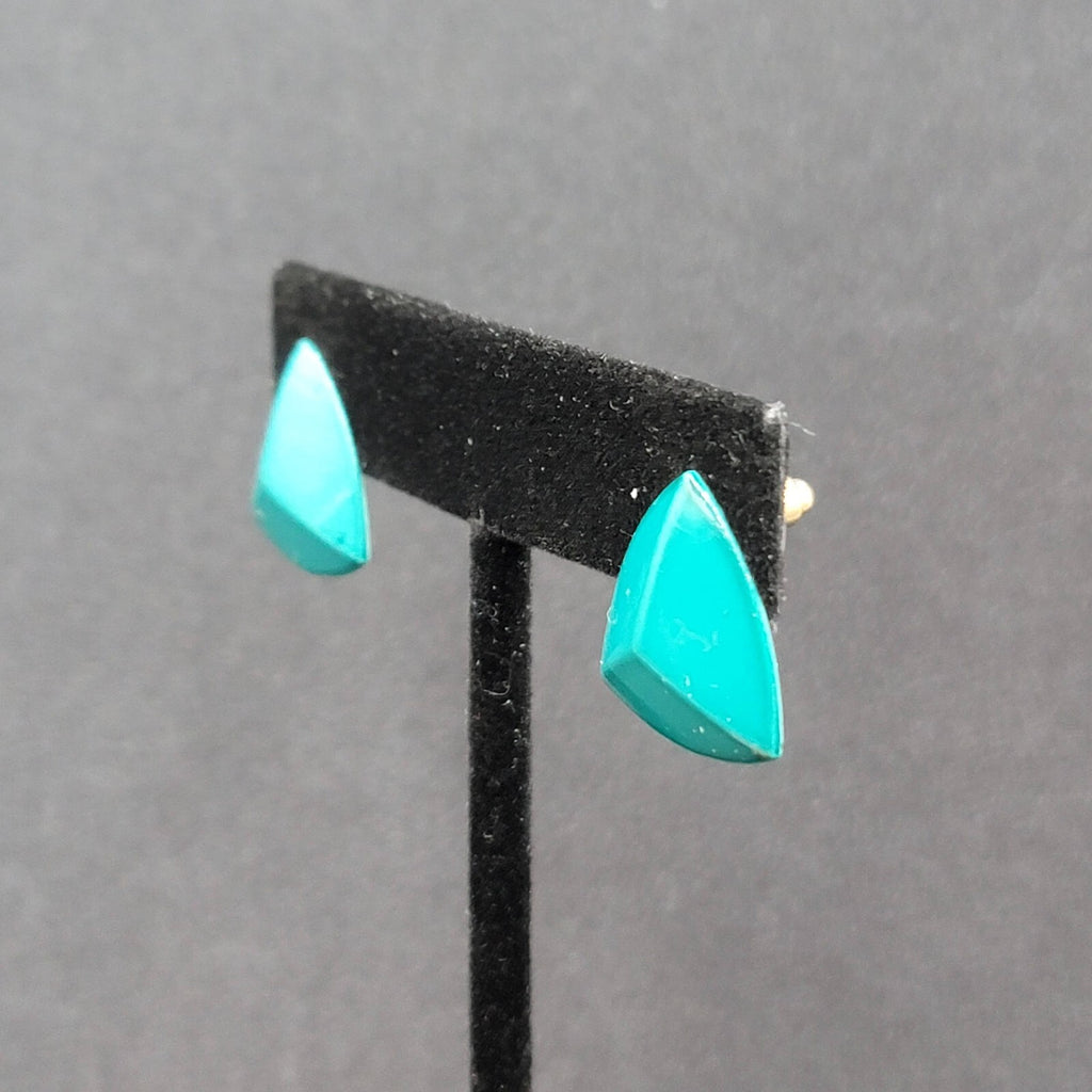 Vintage Pierced Earrings Teal Enamel over Metal Triangle Studs 3/4"