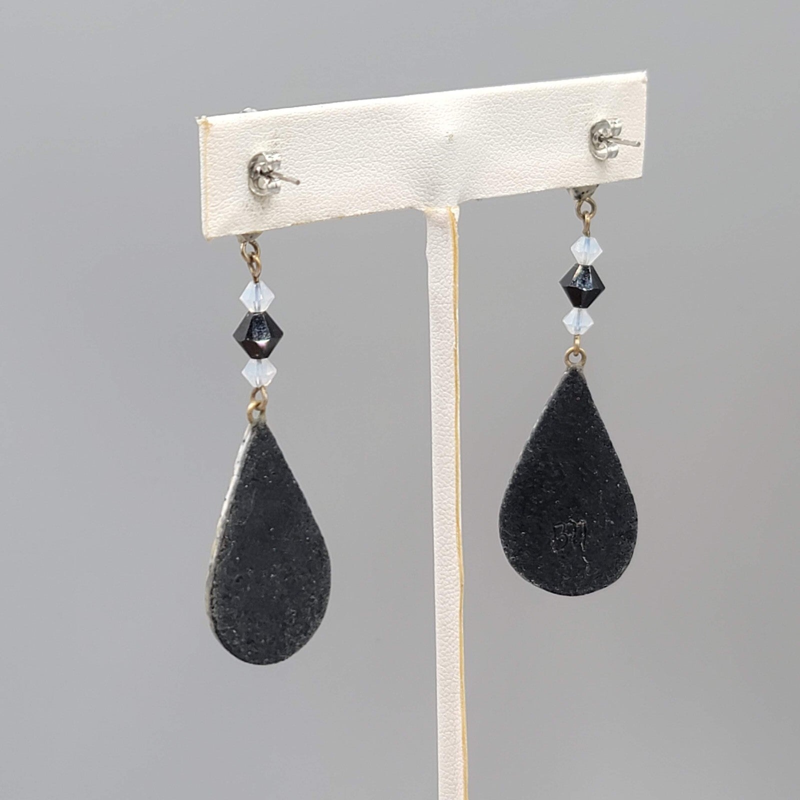 Long Pierced Earrings Gray Black Beaded Teardrop Dangle Signed 2 5/8"