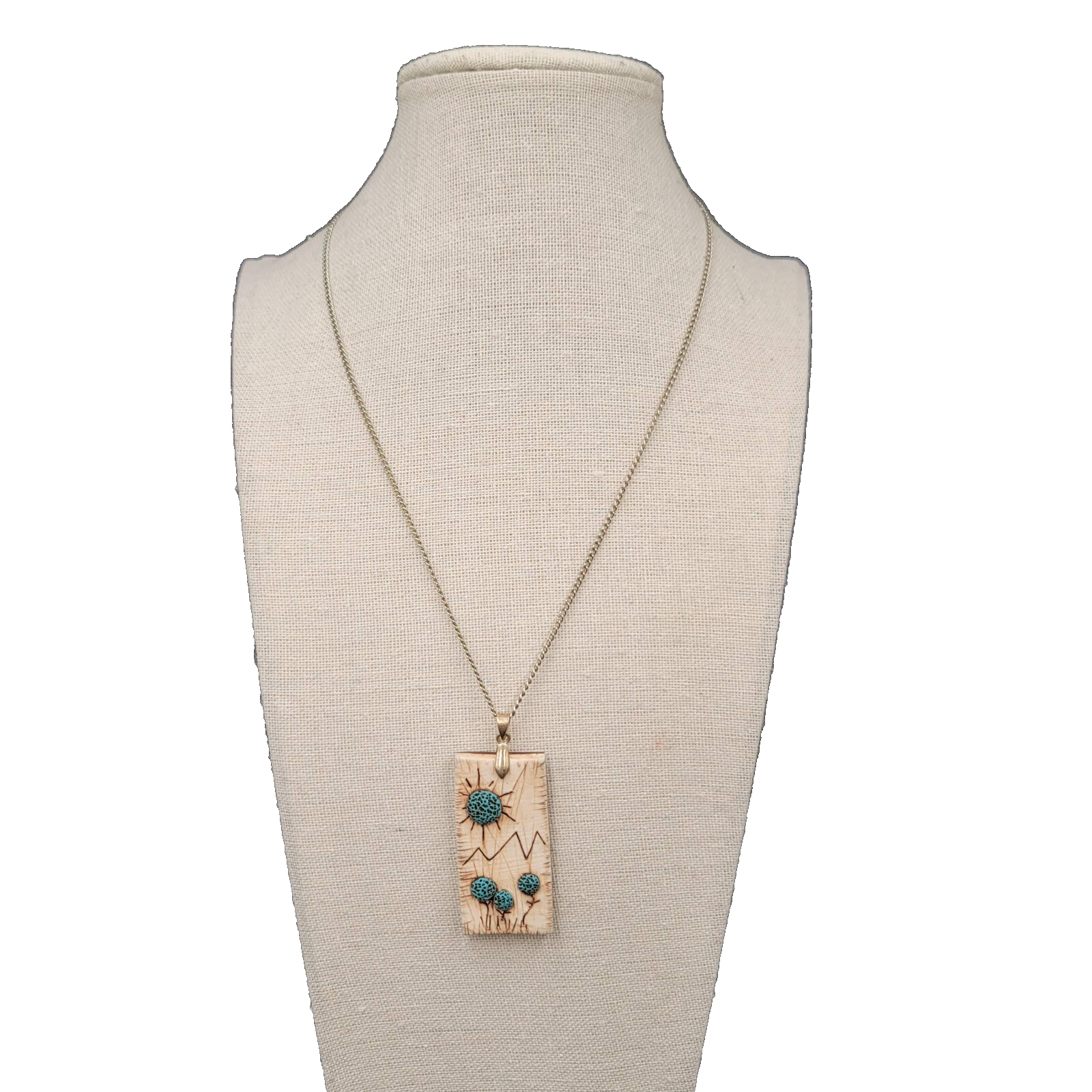Artisan Hand Made Wood Burning Pendant Necklace Flowers Mountains Silver tone 18