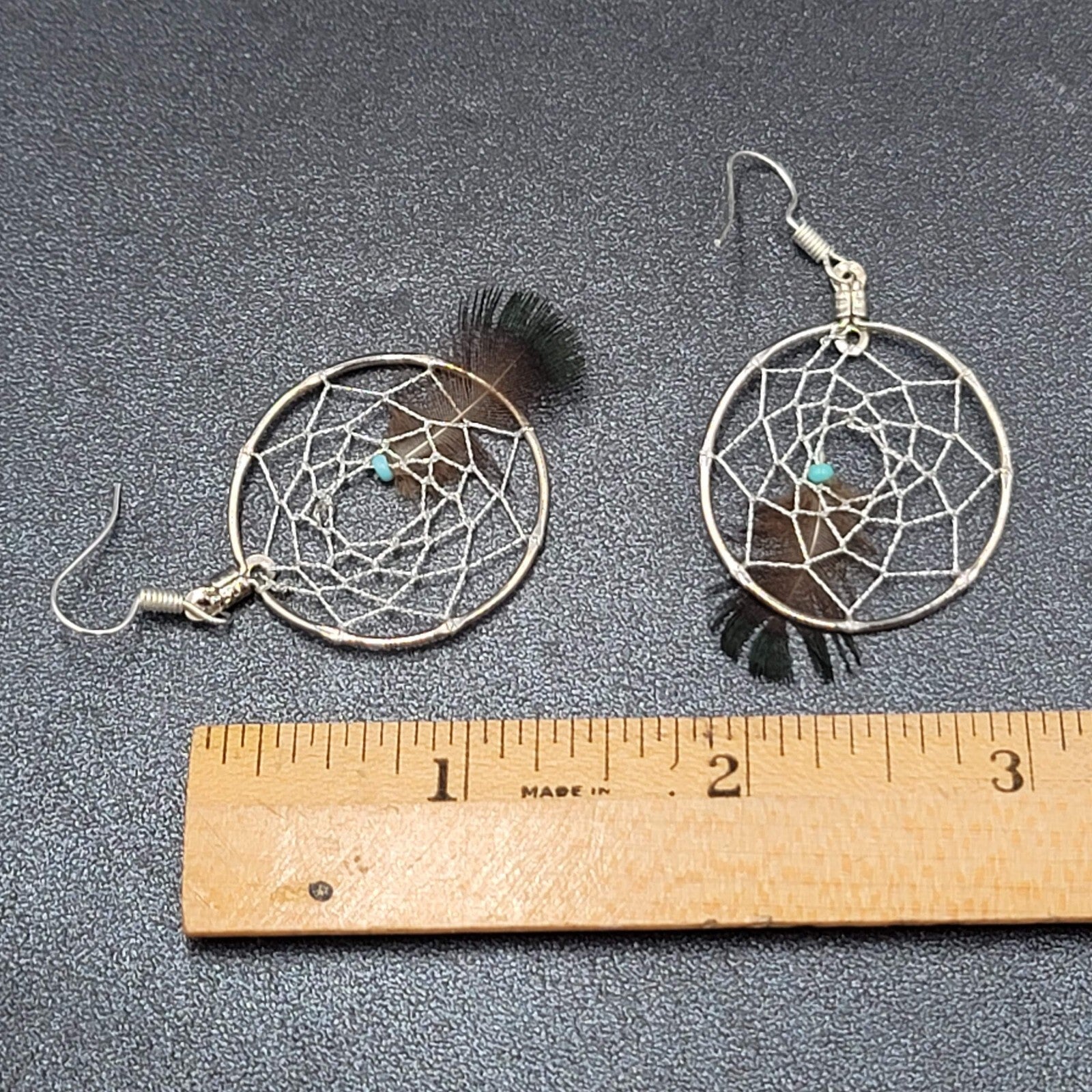 Vintage Pierced Earrings Silver tone Dreamcatcher Real Feather  1.5"
