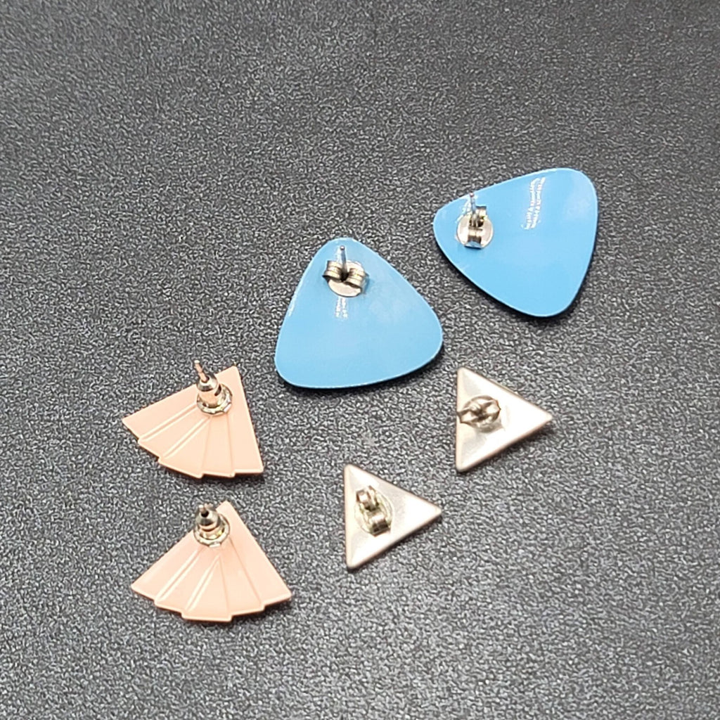 Vintage Pierced Earrings Lot of 3 Enamel 1980s Studs Blue Peach Tan Triangle