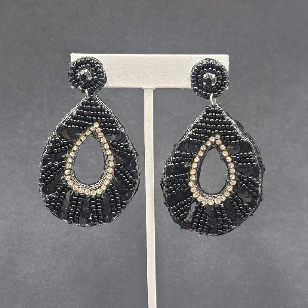Pierced Earrings Black Felt Seed Beaded Rhinestone Runway Dangle 3"