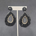 Pierced Earrings Black Felt Seed Beaded Rhinestone Runway Dangle 3"