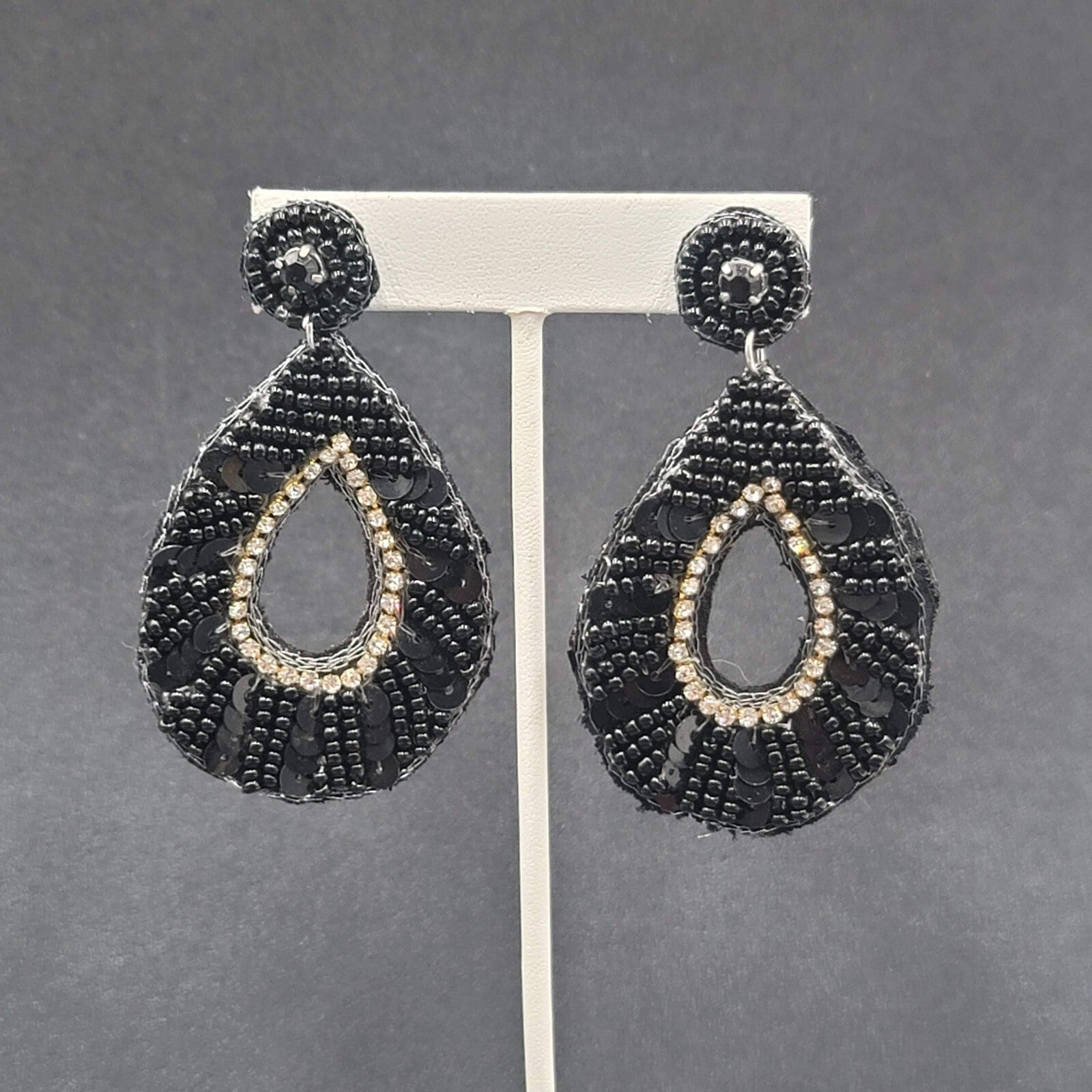 Pierced Earrings Black Felt Seed Beaded Rhinestone Runway Dangle 3"