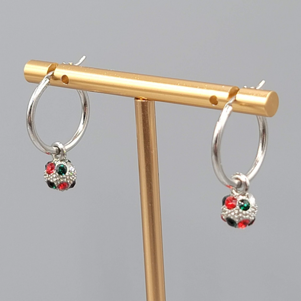 Christmas Red Green Crystal Pierced Earrings Silver tone Dangle Hoops 1 in