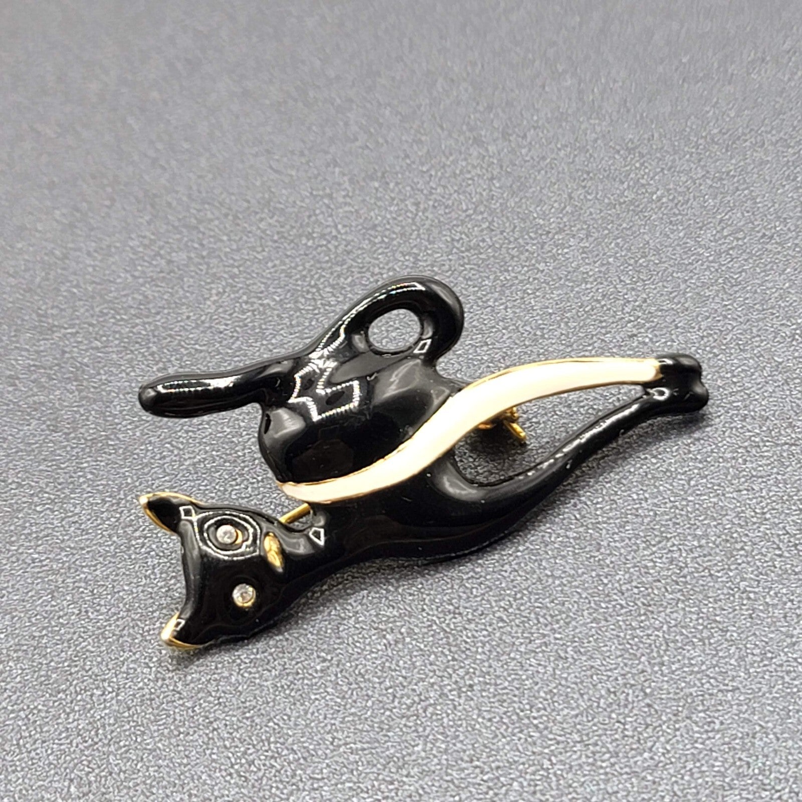 Vintage Black Cat Brooch Enamel Rhinestone Eyes 2.25"