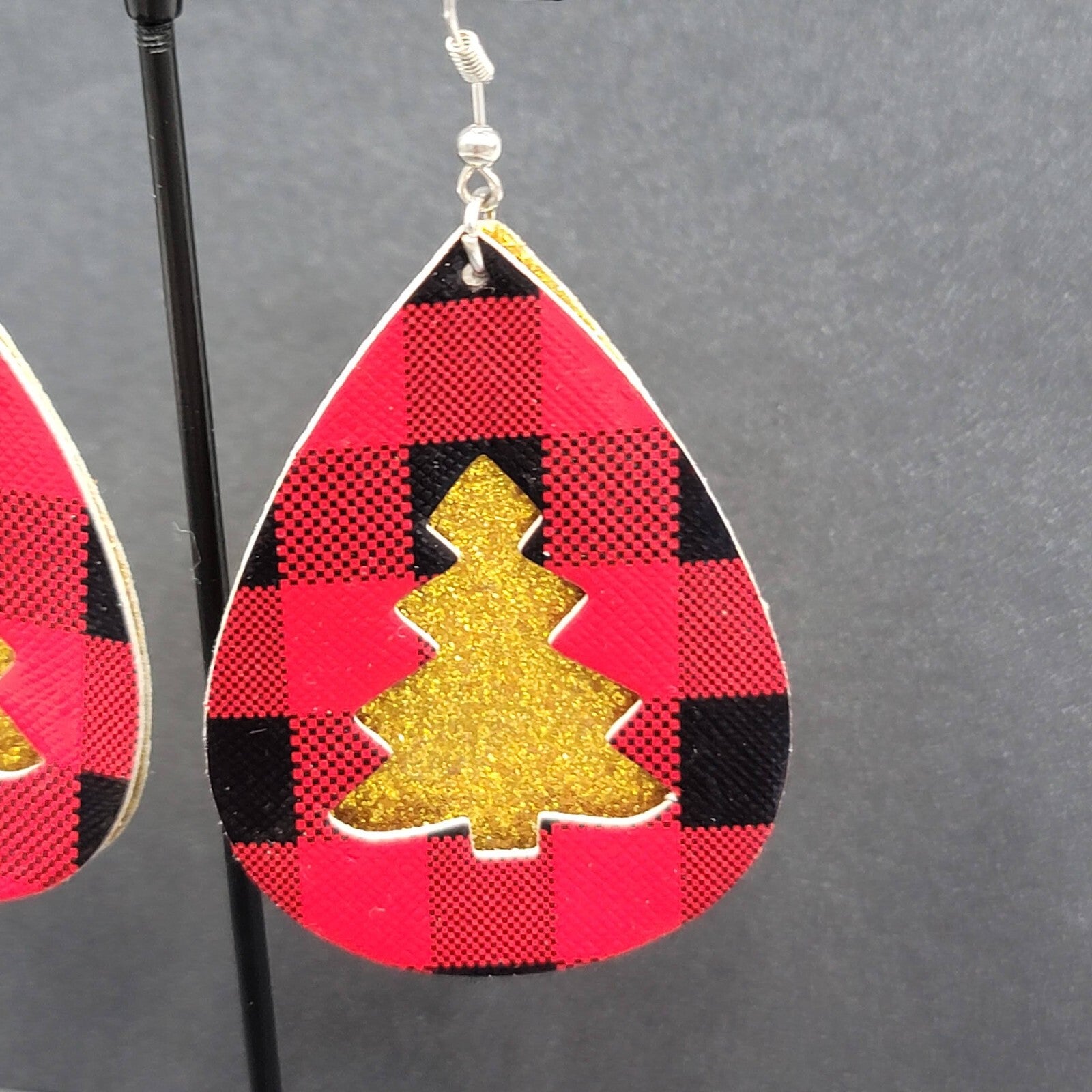 Pierced Earrings Faux Leather Gold Glitter Tree Red Plaid Silvertone Dangle 2.5"