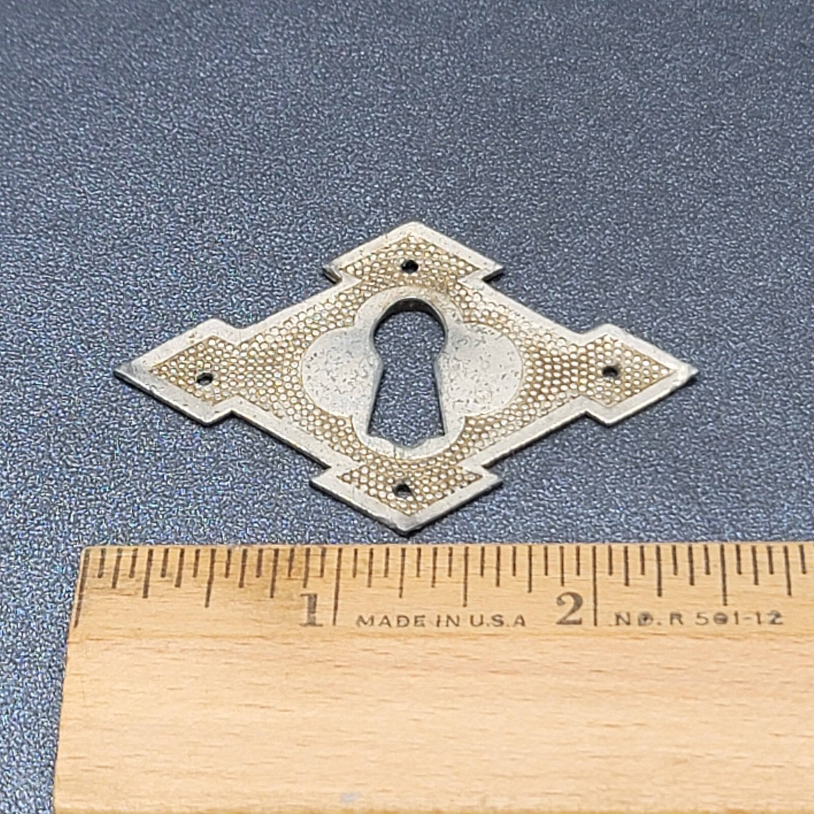 Vintage Aluminium Stamped Skeleton Key hole Escutcheon Salvage 2 3/8" x 1 1/2"