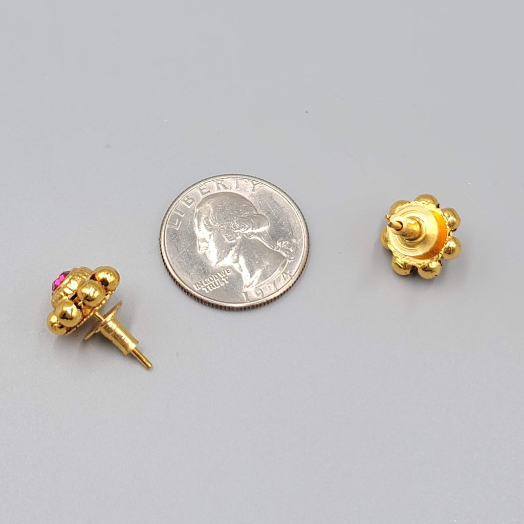 Bollywood Pierced Earrings Gold Plated Hot Pink Stone Studs 1/2"