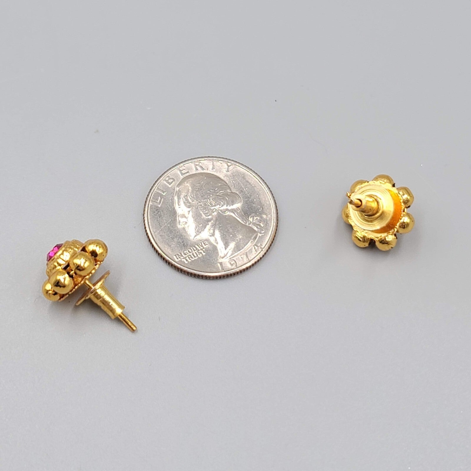 Bollywood Pierced Earrings Gold Plated Hot Pink Stone Studs 1/2"