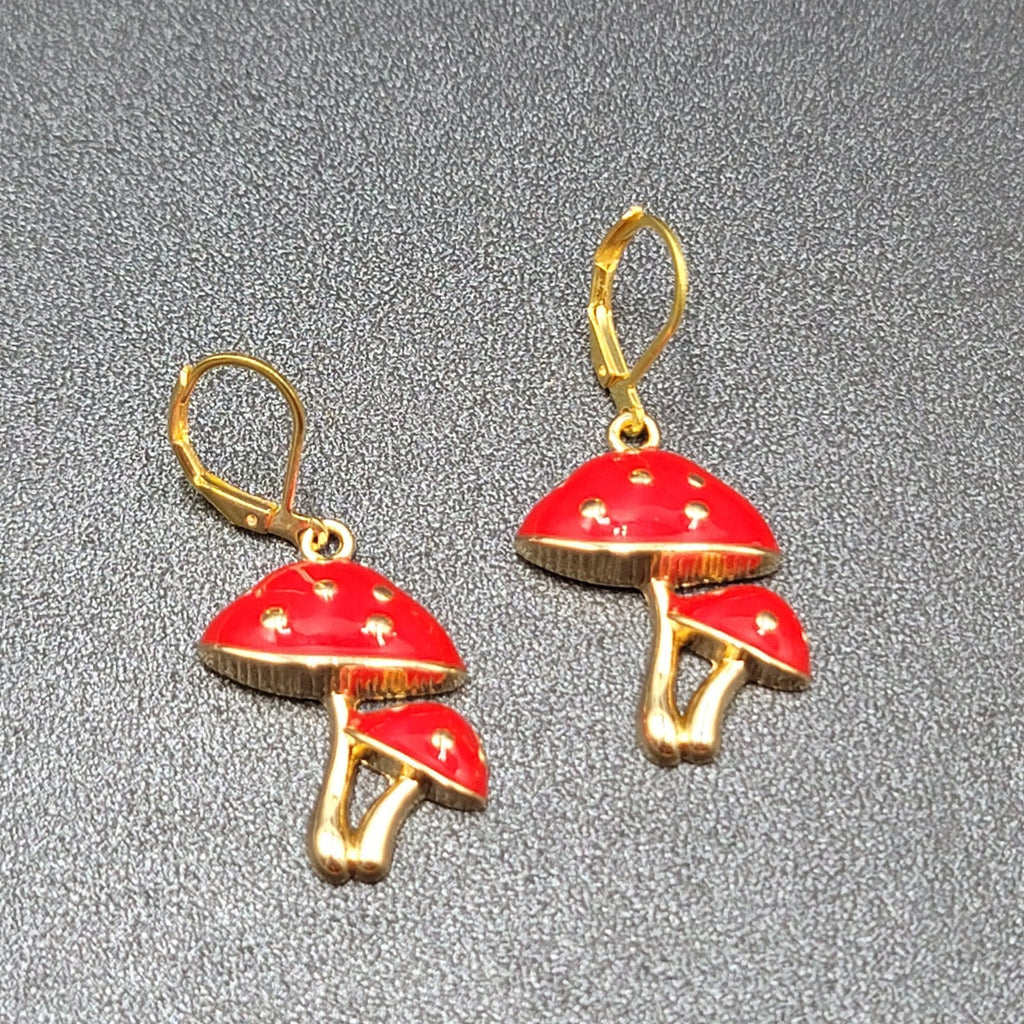 Double Mushroom Pierced Earrings Gold tone Enamel Red White Polka Dot Dangle 1"