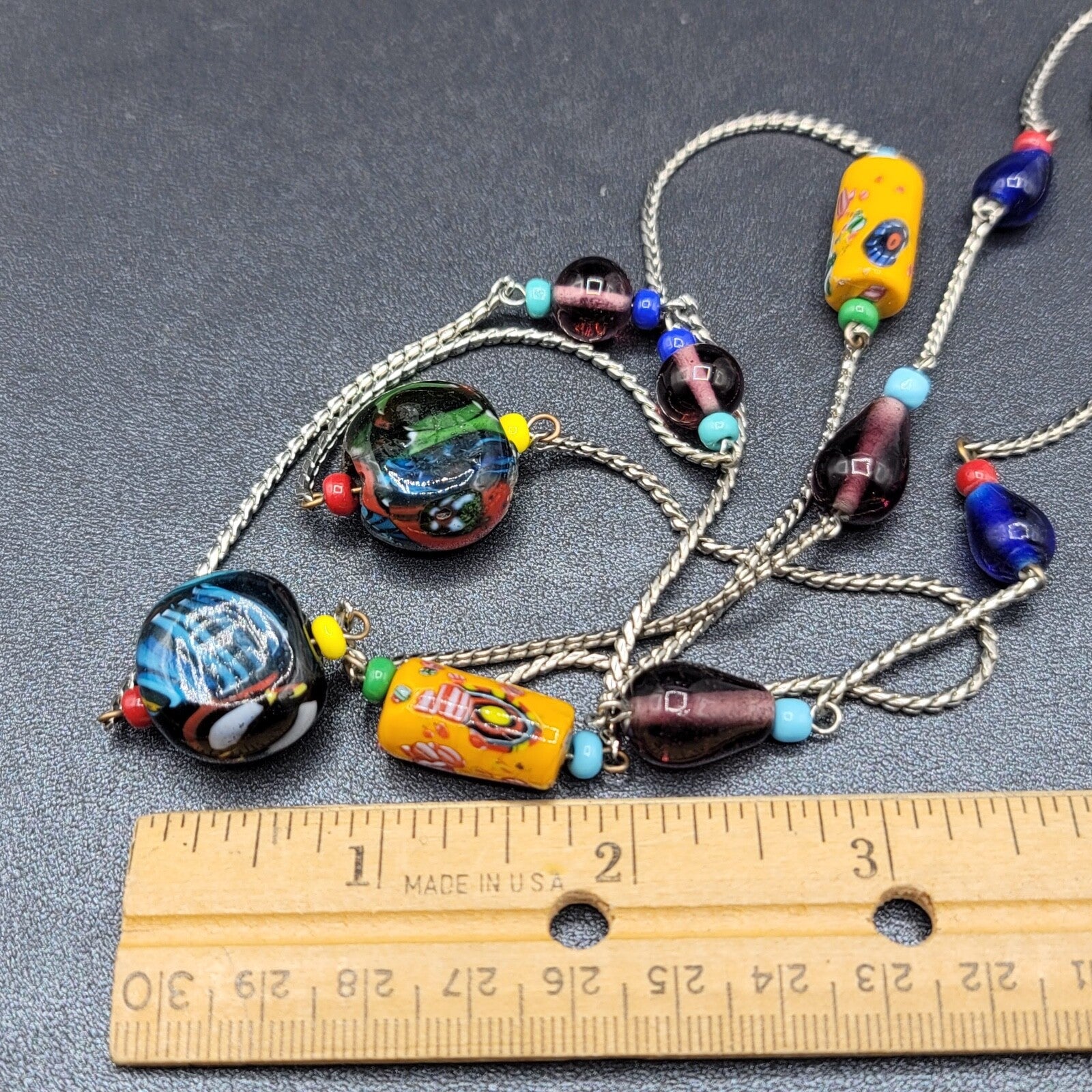 Art Glass Bead Necklace Silver tone Station Bead 44"