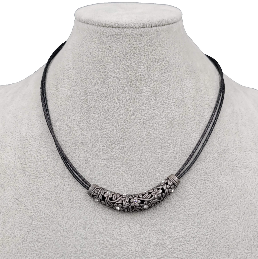 lia sophia Necklace Black Leather Part Pendant Crystal Flowers Pewter 18 in