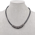 lia sophia Necklace Black Leather Part Pendant Crystal Flowers Pewter 18 in