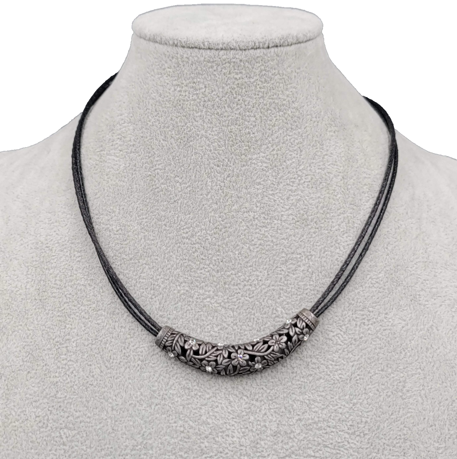 lia sophia Necklace Black Leather Part Pendant Crystal Flowers Pewter 18 in