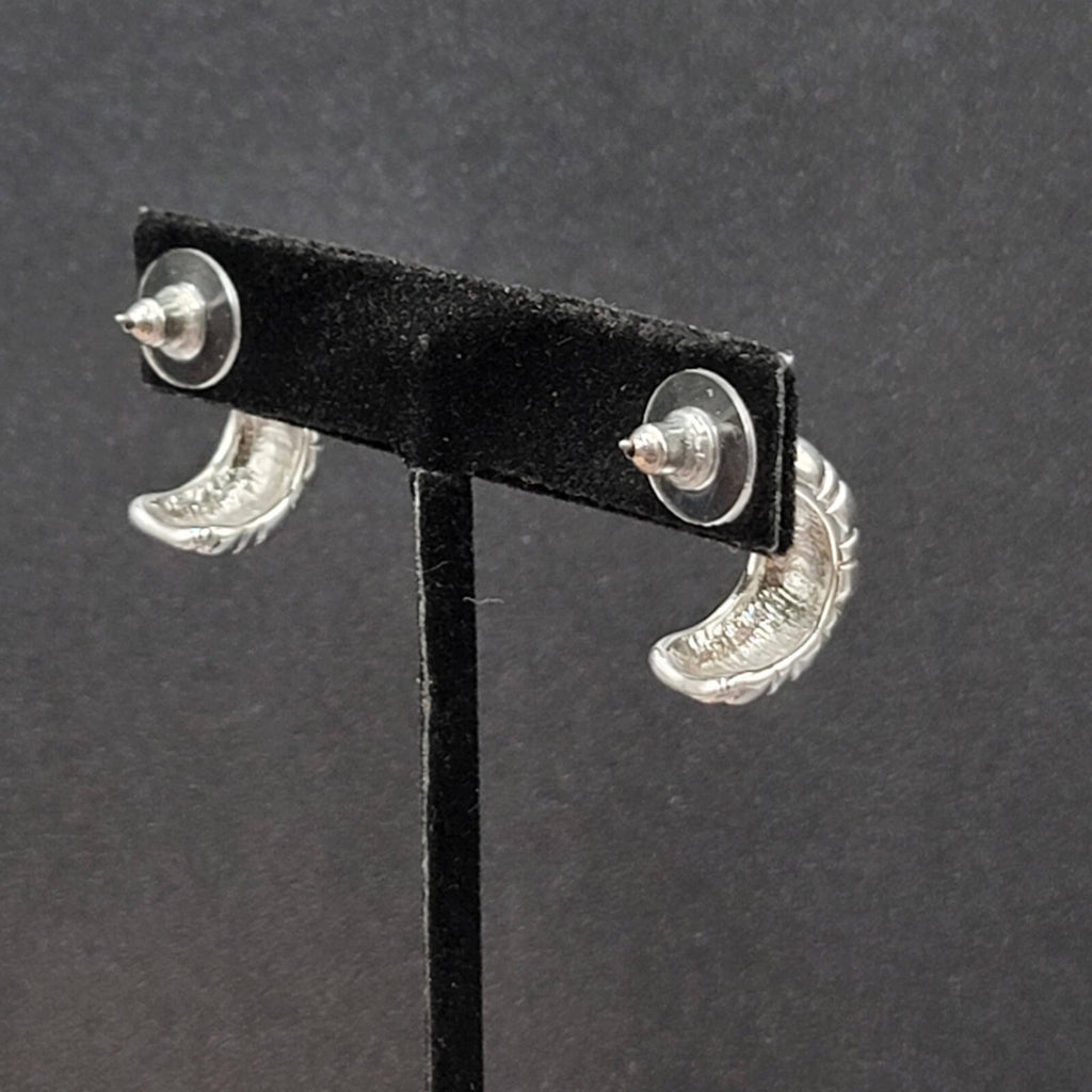 Pierced Earrings Silver Plated Ribbed Half Hoops Drop 3/4"