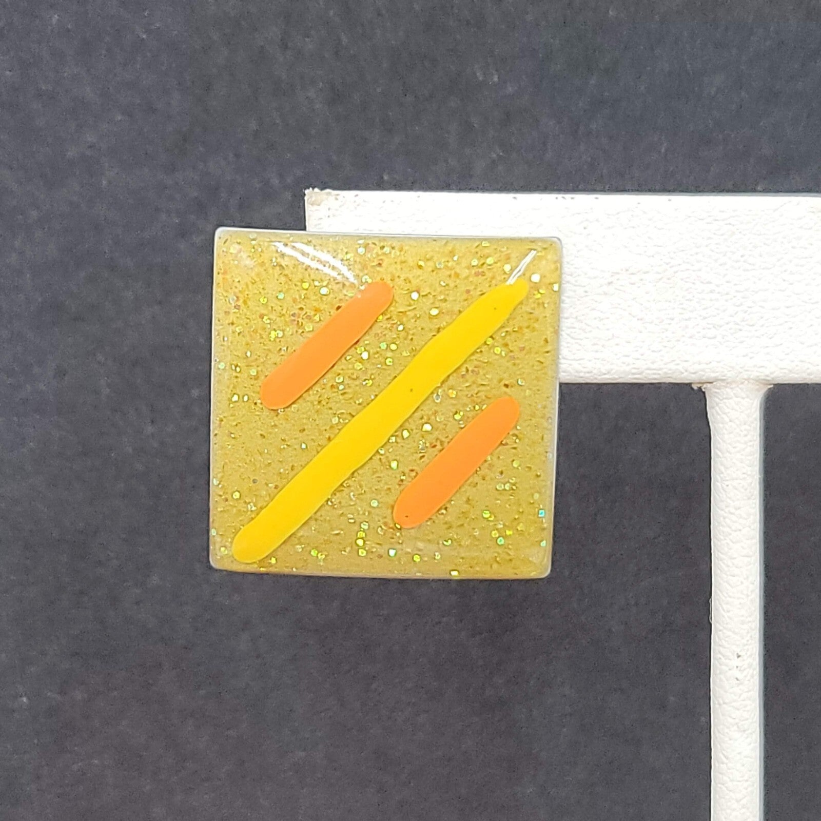 Vintage 1980s Pierced Earrings Glitter Enamel Yellow Orange Gold Square Drop 1"