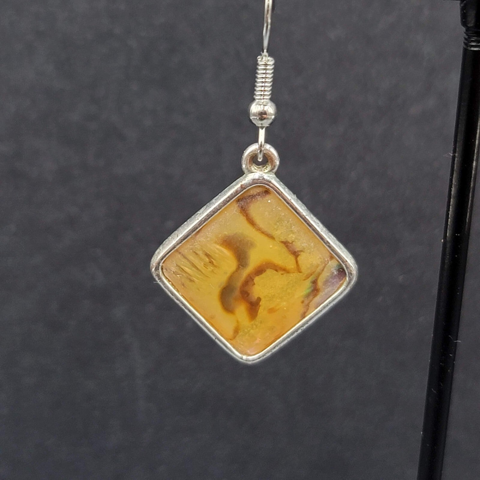 Pierced Earrings Silver tone Yellow Faux Abalone Square Dangle 7/8"