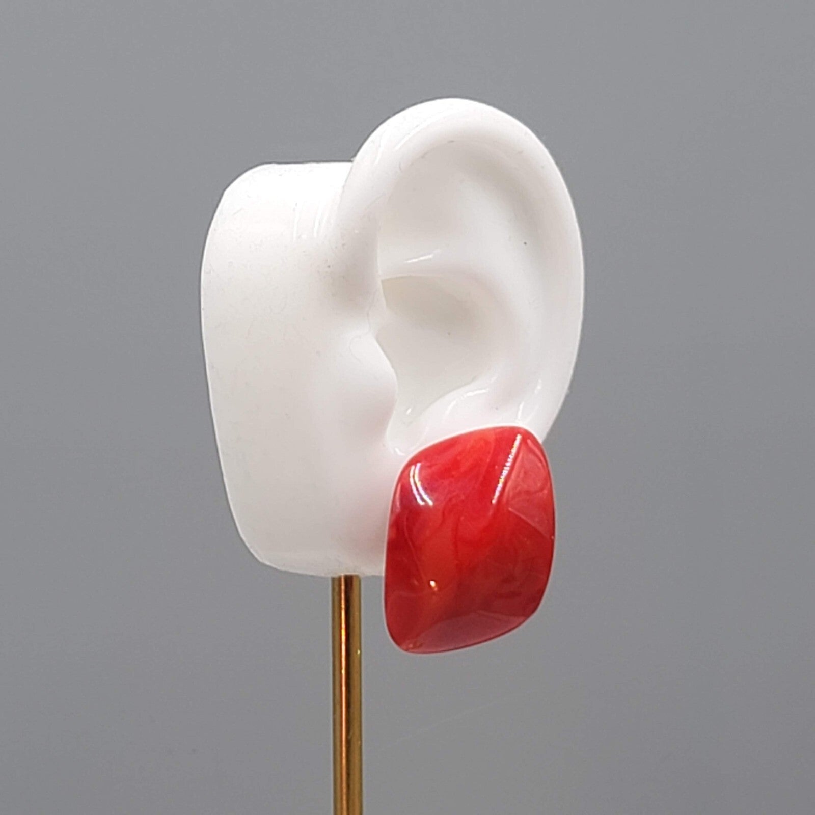 Vintage Red Acrylic Pierced Earrings Statement Geometric Puffy Drop 1.25"