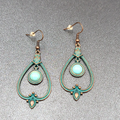 New Boho Pierced Earrings Copper tone Green Enamel Faux Turquoise Dangle 1.75"