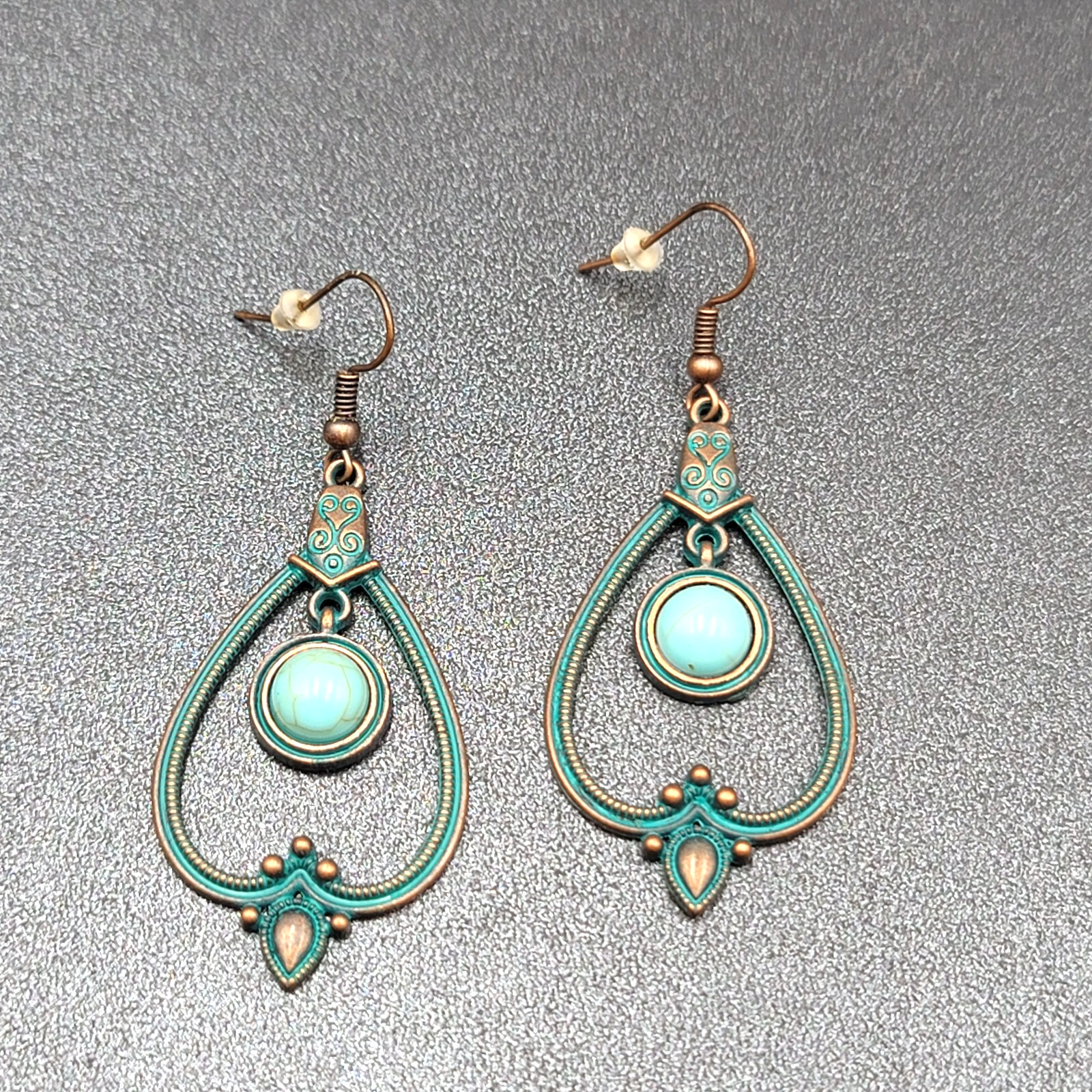 New Boho Pierced Earrings Copper tone Green Enamel Faux Turquoise Dangle 1.75"
