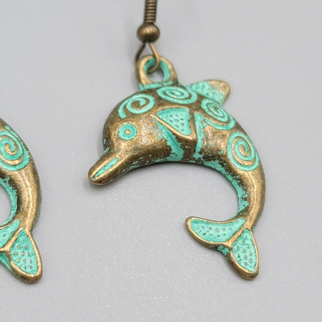 Dolphin Beach Sea life Pierced Earrings Bronze tone Green wash Dangle 1.25"