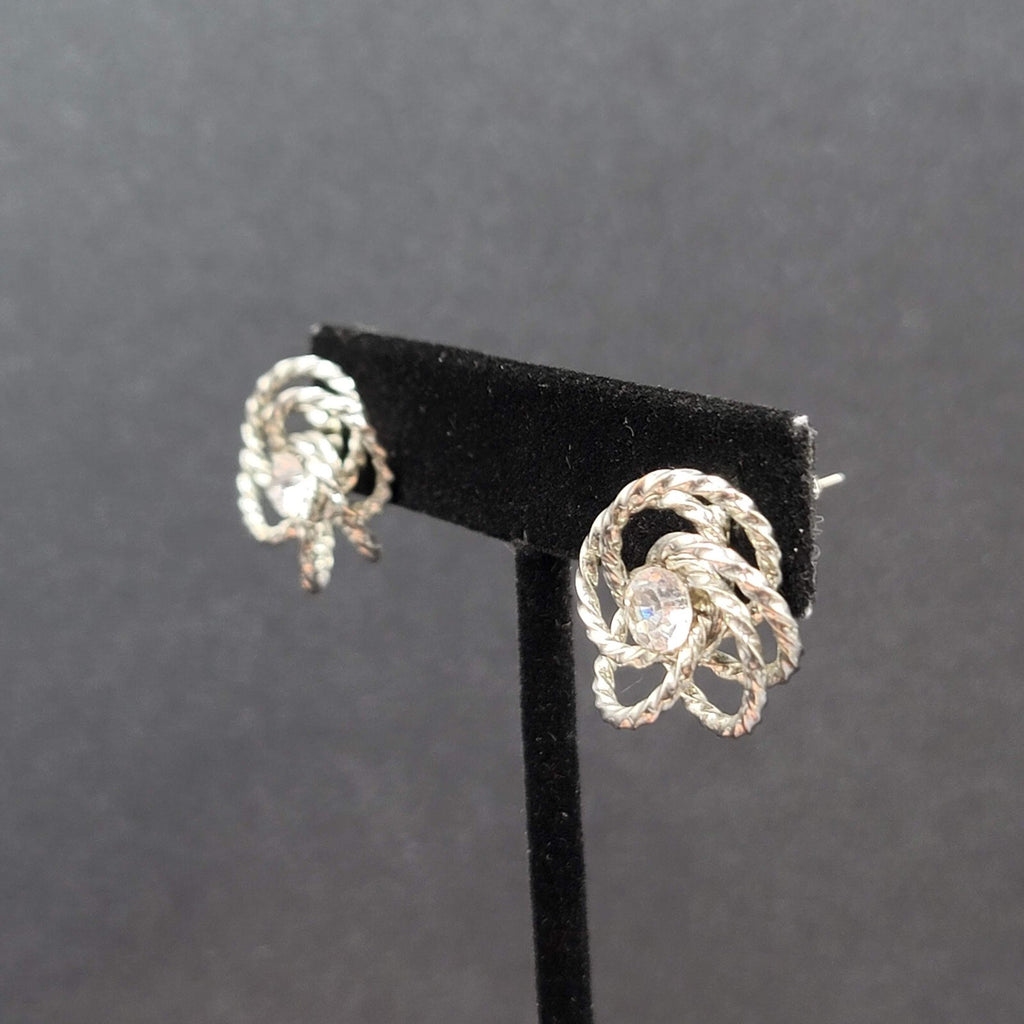 Vintage Pierced Earrings Silver tone Wire Knot Studs Rhinestone Center 3/4"