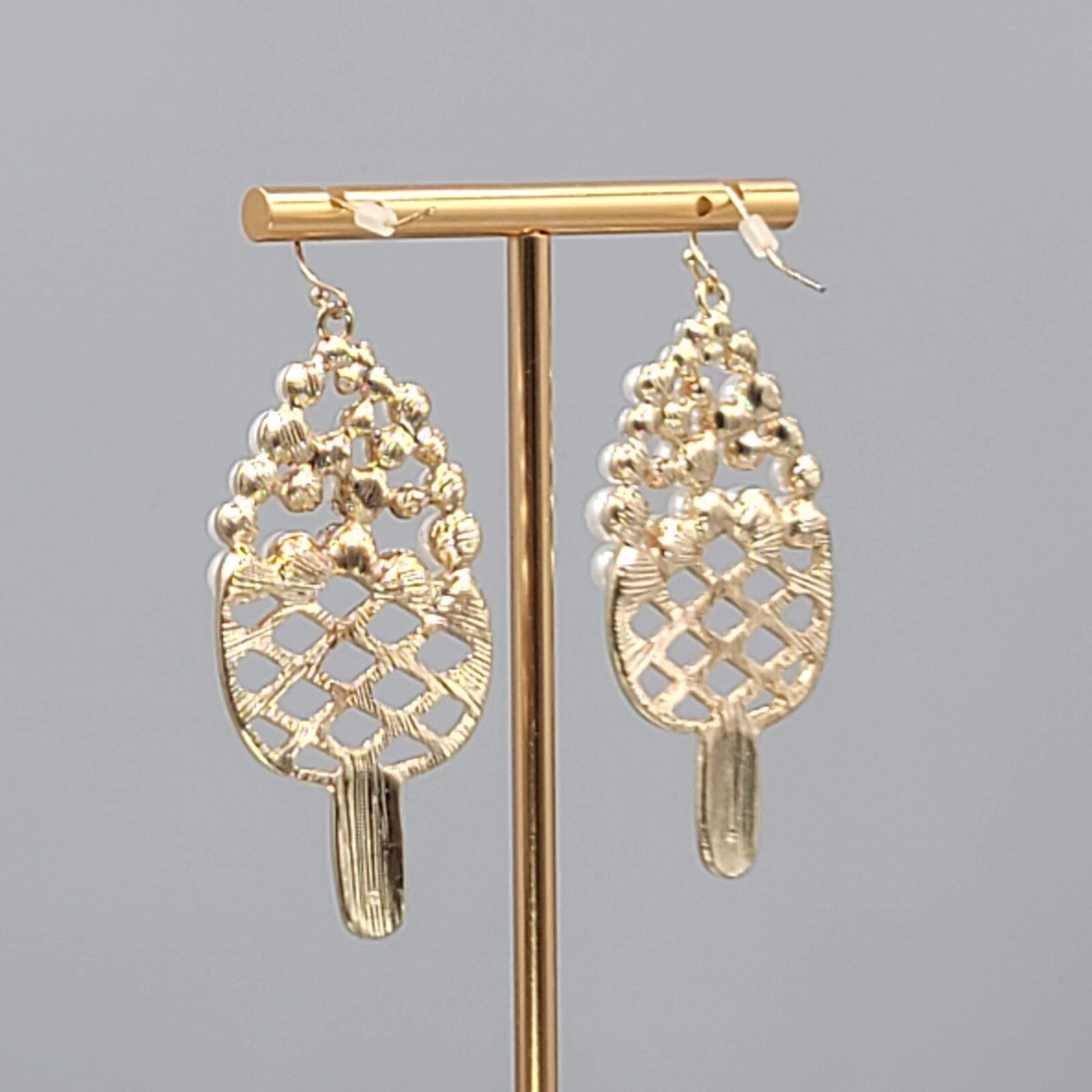Dessert Ice Cream Bar Pierced Earrings Gold tone Dangle Faux Pearl 2.25"