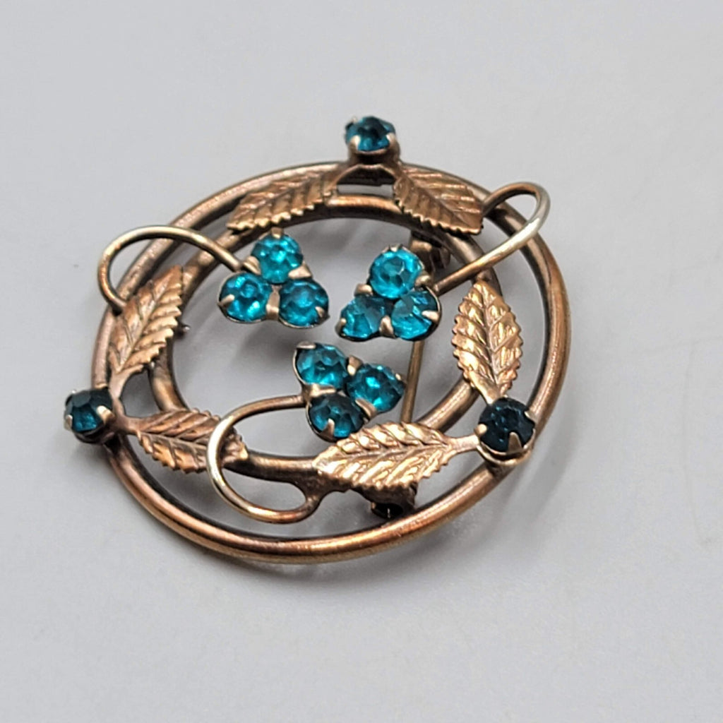 Vintage Blue Rhinestone Brooch Leaves Flowers 1.5"
