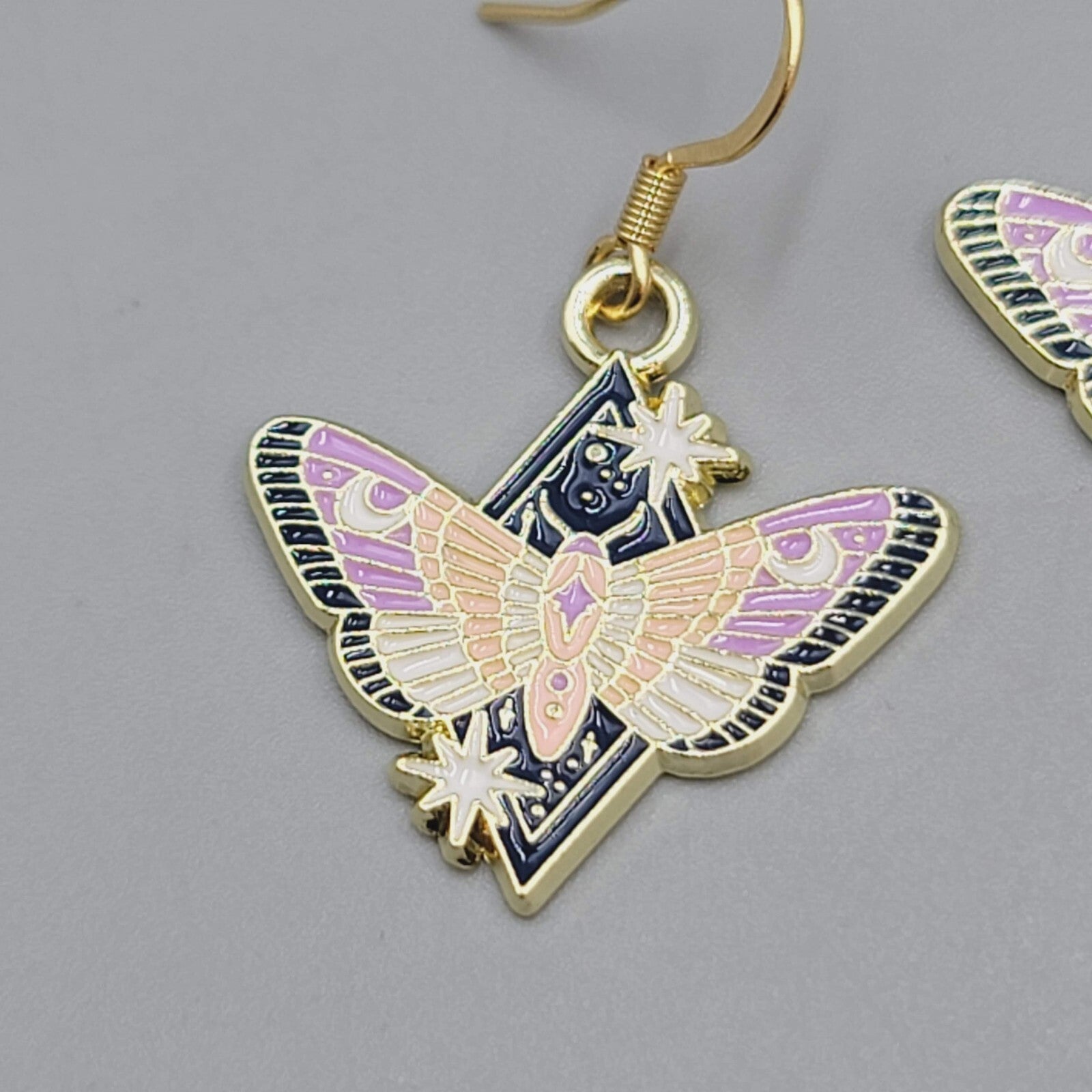 Purple Moon Moth Enamel Pierced Earrings Gold tone Dangle Butterfly 7/8"