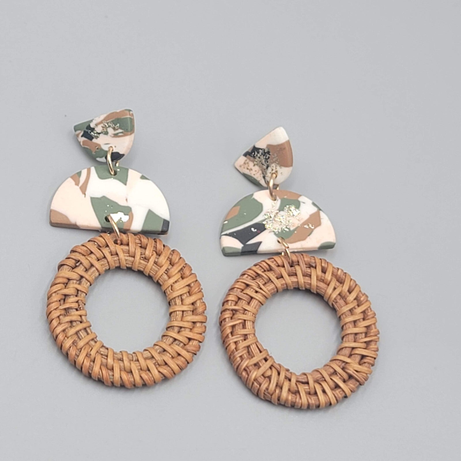 Rattan Multicolor Polymer Clay Pierced Earrings Dangle 2.75"