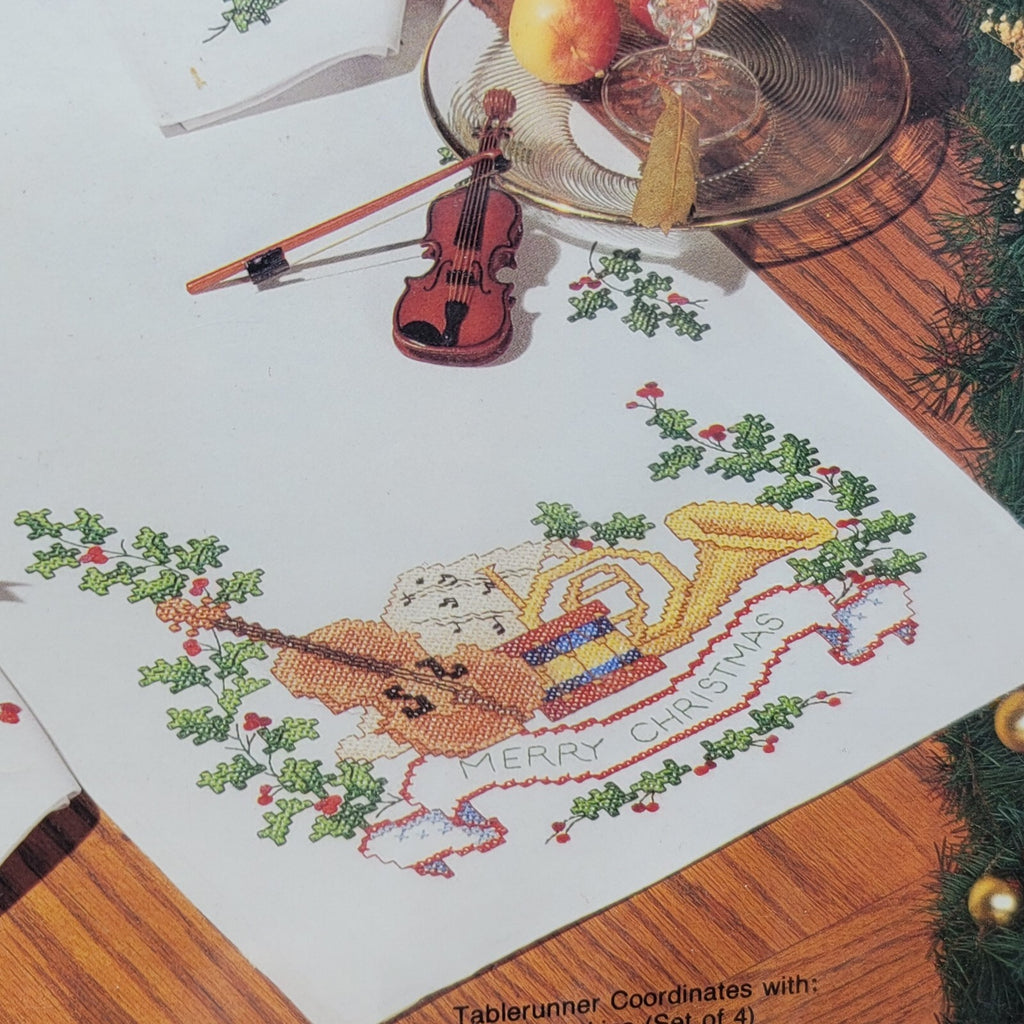 Bucilla Christmas Music Table Runner 82981 Violin Holly Kit Instruments Holiday