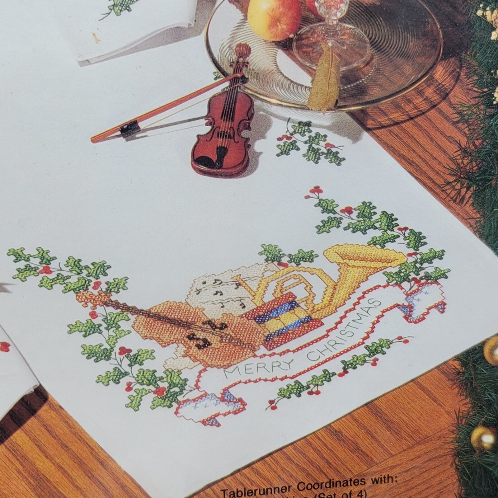 Bucilla Christmas Music Table Runner 82981 Violin Holly Kit Instruments Holiday