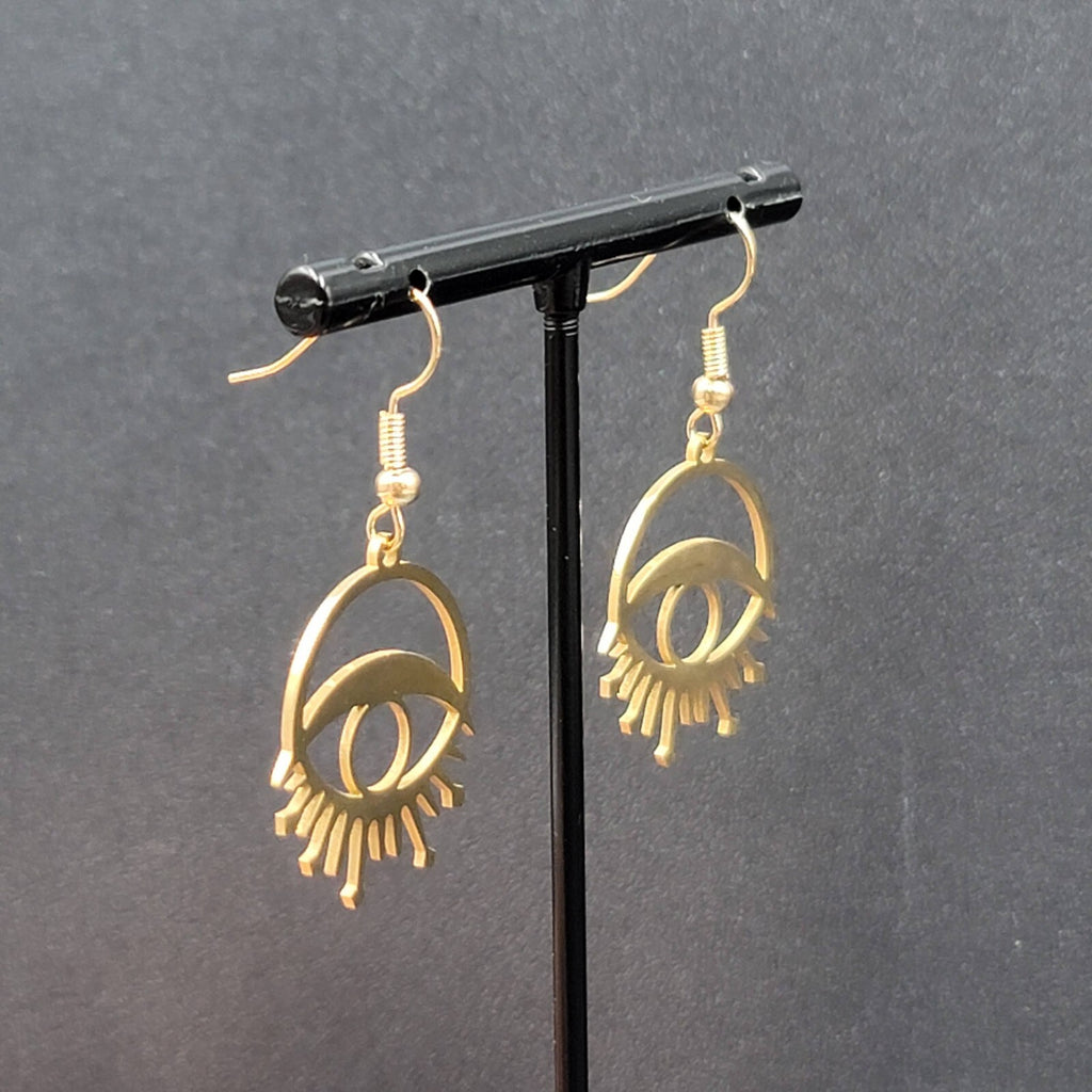 New Evil Eye Pierced Earrings Sun Rays Gold Plated Statement Dangle 1"