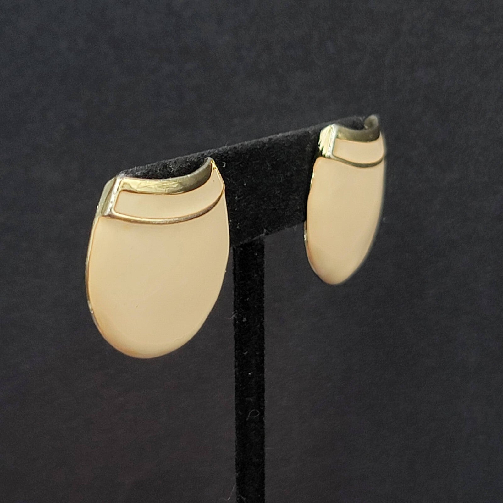 Vintage Pierced Earrings Gold tone White Enamel Statement 1"