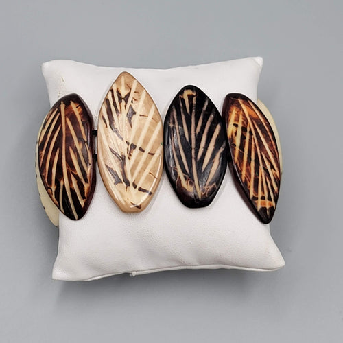 Carved Resin Stretch Bracelet Brown Cream Leaf Design 7 in x 1.75 wide