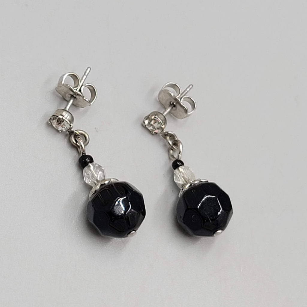 Black Glass Bead Rhinestone Pierced Earrings Silver tone Dangle 1"