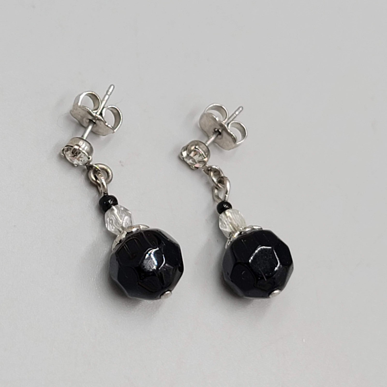Black Glass Bead Rhinestone Pierced Earrings Silver tone Dangle 1"