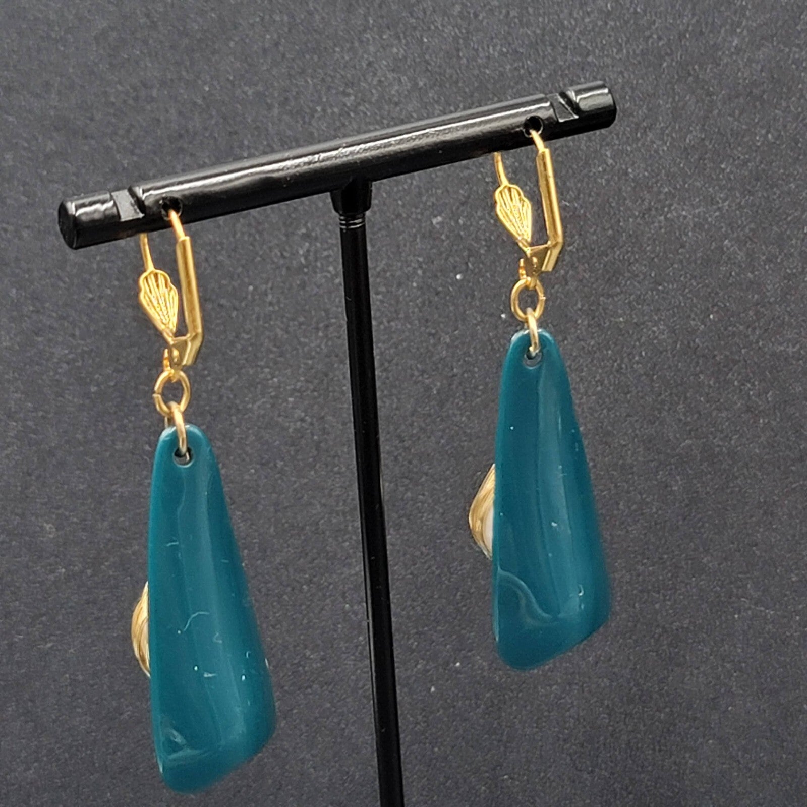 Pierced Earrings Gold Wire Faux Pearl Bead Teal Blue Dangle 1.75"