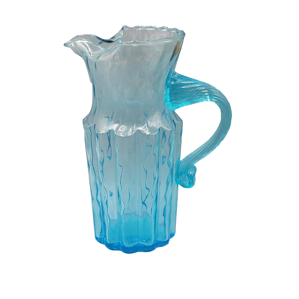 MCM Italian Empoli Ribbed Pillar Aqua Blue Art Glass Pitcher with Ice Lip 8"