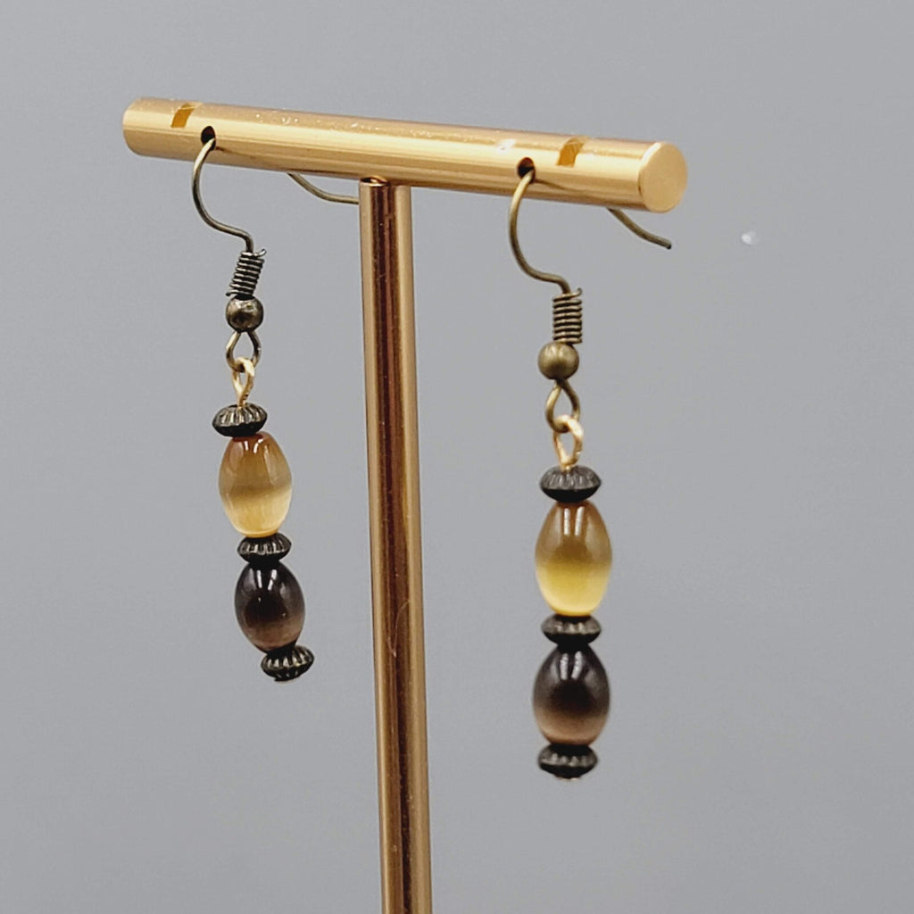 Cats Eye Brown Bead Pierced Earrings Bronze tone Dangle 1"