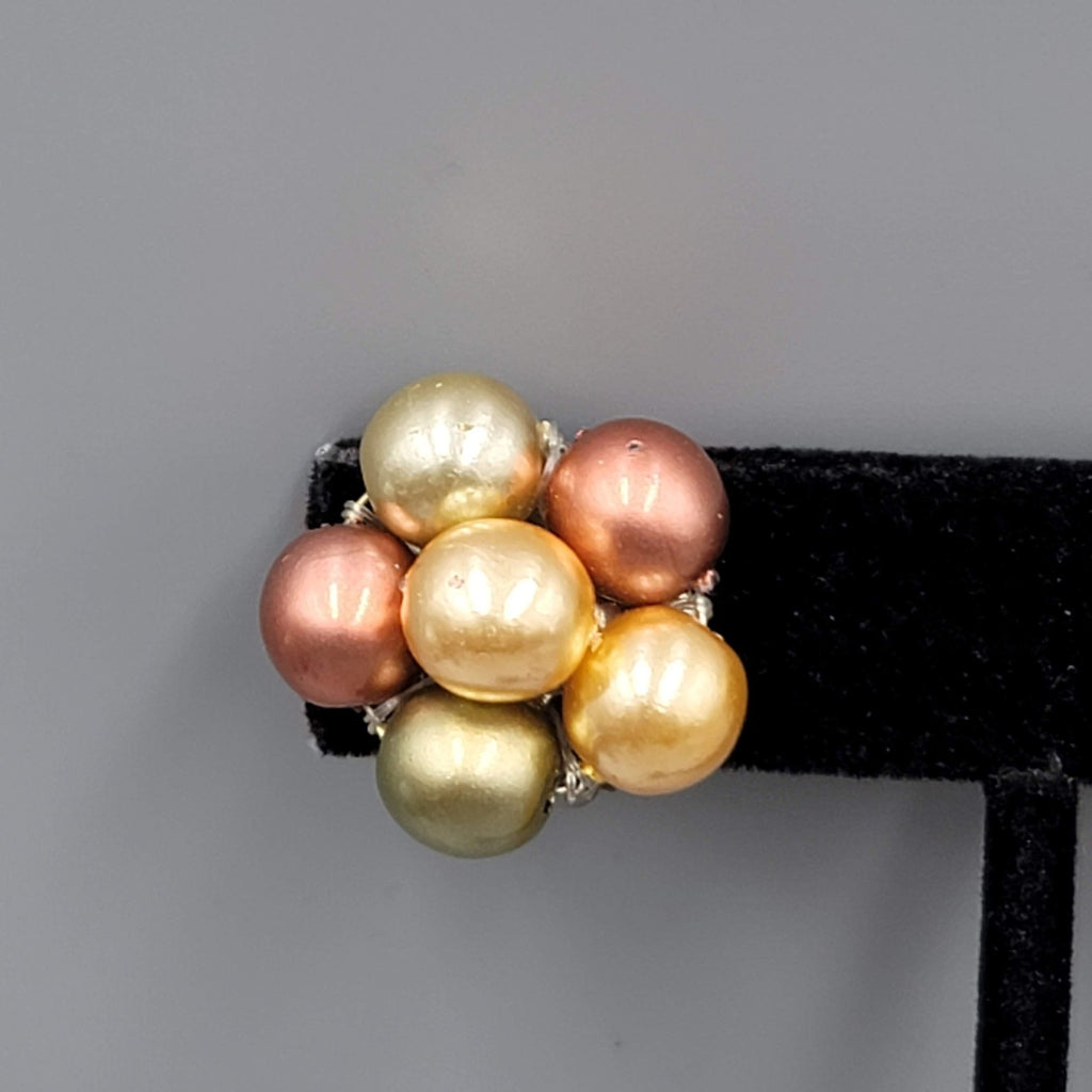 Vintage Cluster Clip on Earrings Green Gold tone Rose Bead 3/4"