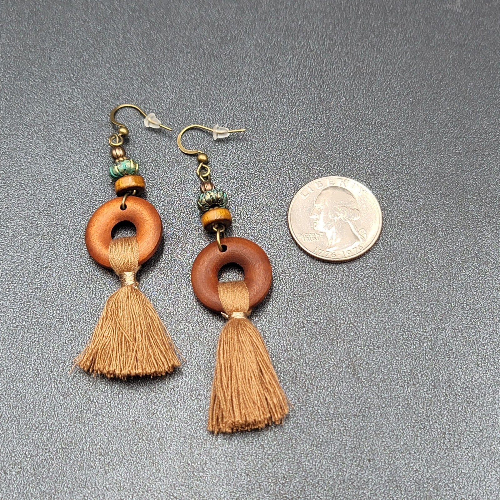 New Boho Pierced Earrings Bronze tone Wood Ring Tassel Dangle 2.25"